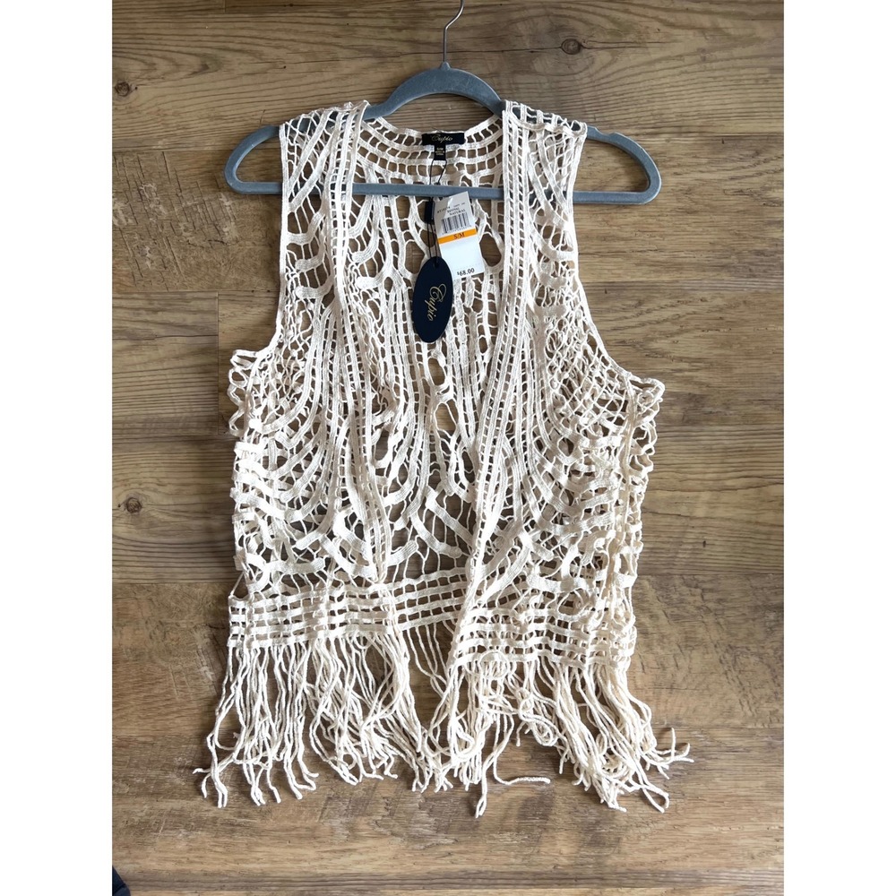 NEW Boho Crochet Fringe Vest Ivory Open Knit Festival Layering Top Size S/M